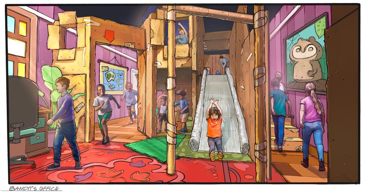 Concept art of kids playing in a room from the Bluey house