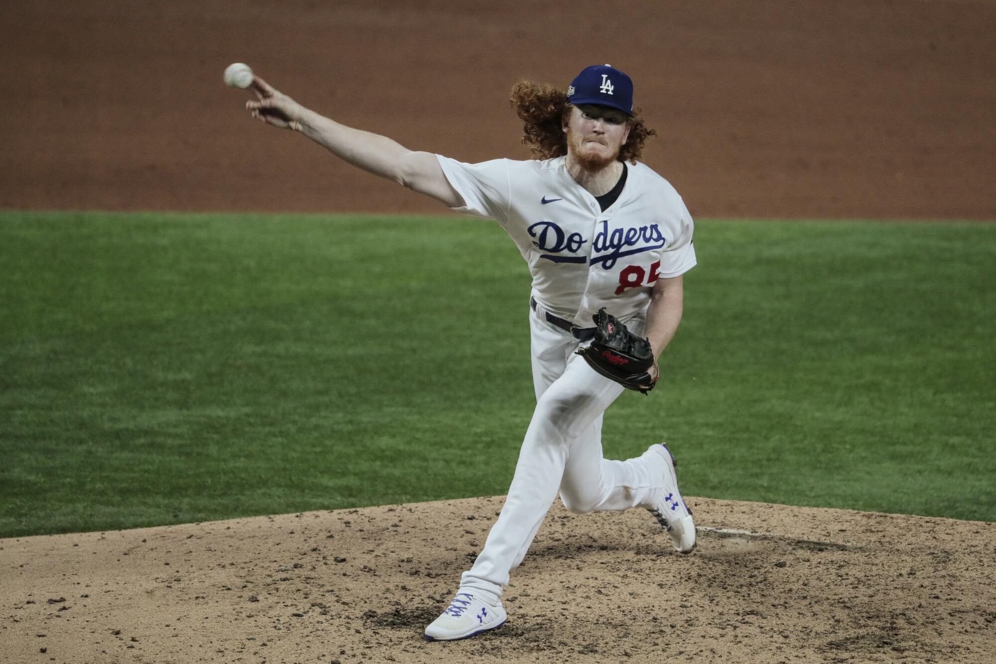 Arlington, Texas, Tuesday, October 6, 2020. Los Angeles Dodgers starting pitcher Dustin May (85) pitches.