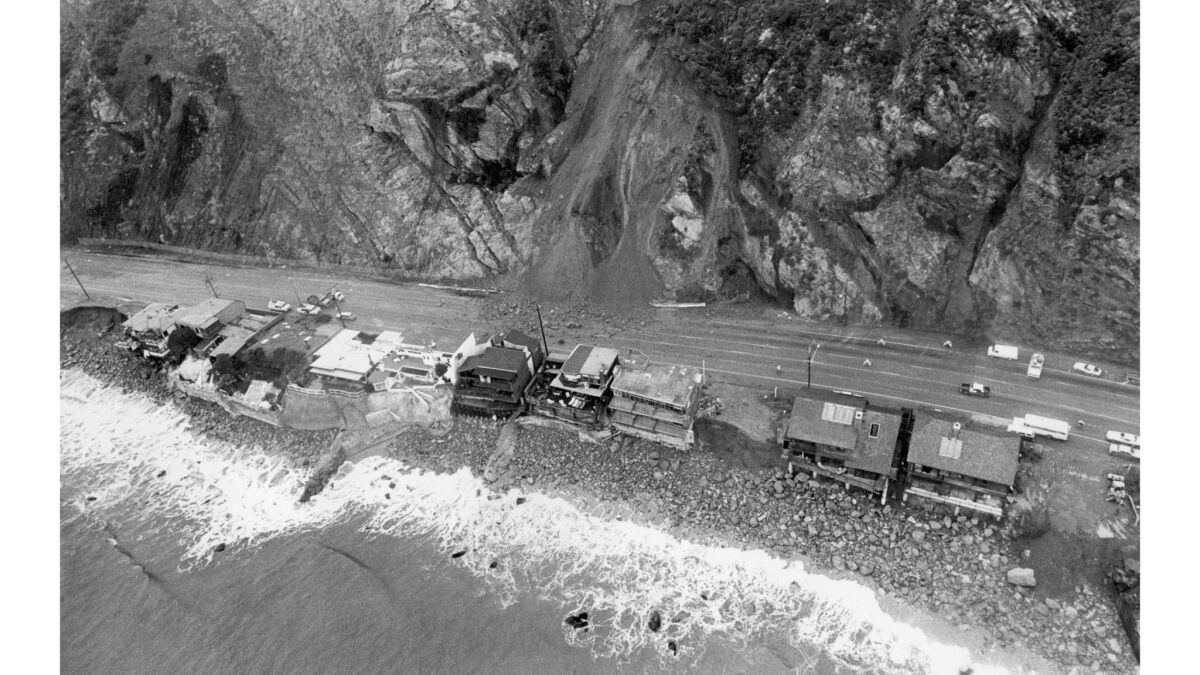 March 24, 1983: Aerial view of a rock slide on Pacific Coast Highway in Malibu.