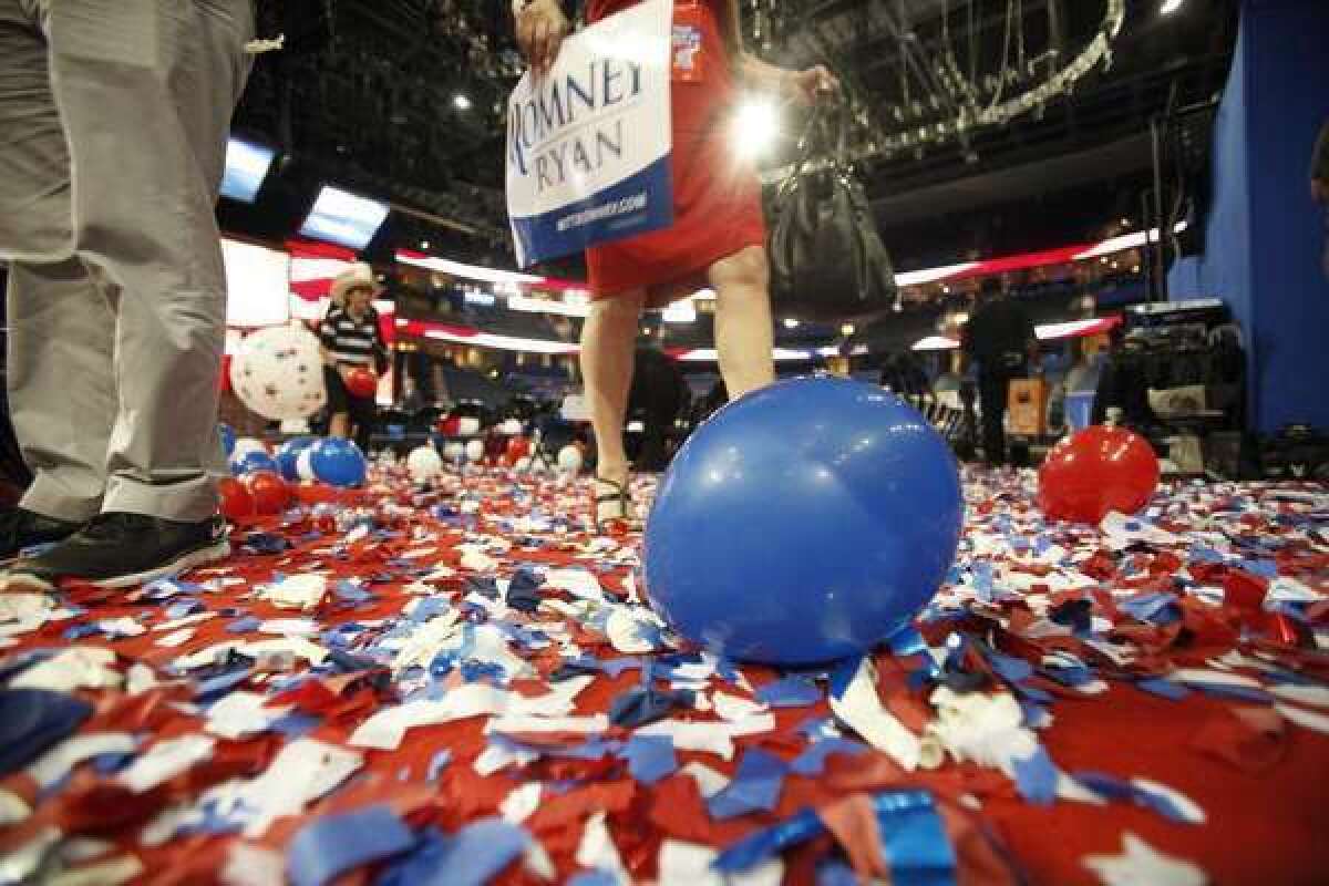 Confetti and balloons covered the floor after the 2012 Republican convention in Tampa, Fla. People get excited about their political allegiances, but a new study suggests devotion to a cause -- in this case, Wikipedia -- can trump party politics.