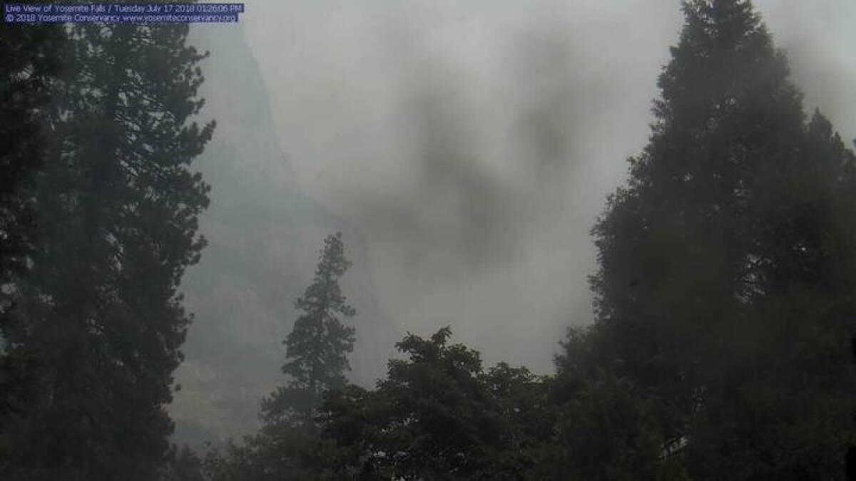 A webcam view shows smoke from the Ferguson fire rising above the trees near Yosemite Falls in Yosemite National Park. The fire is burning west of the park.