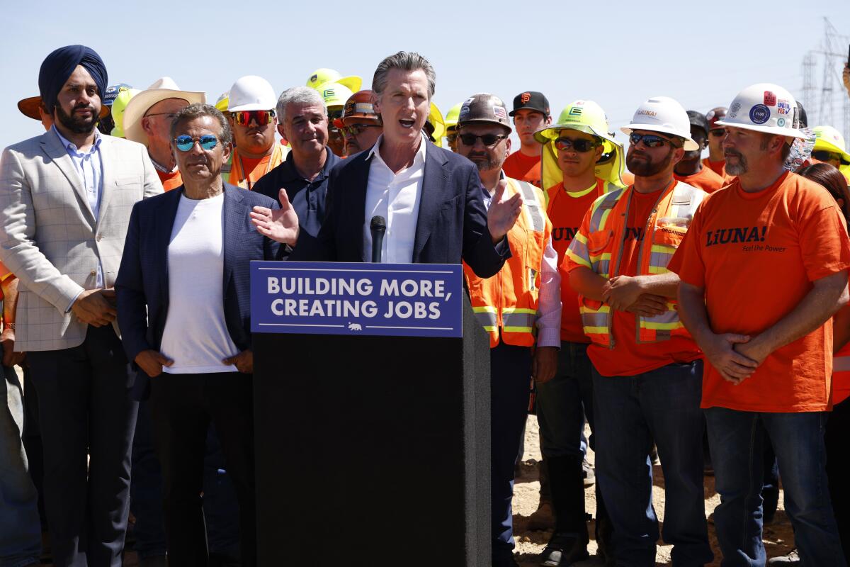California Gov. Gavin Newsom speaks during a news conference at the construction of the Battery Energy Storage Systems.