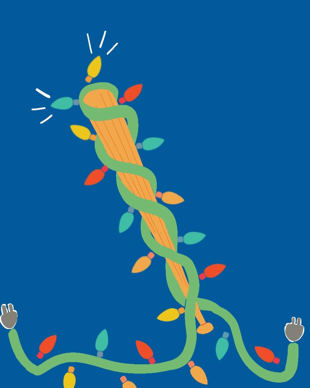 Illustration of a baseball bat wrapped in holiday lights.