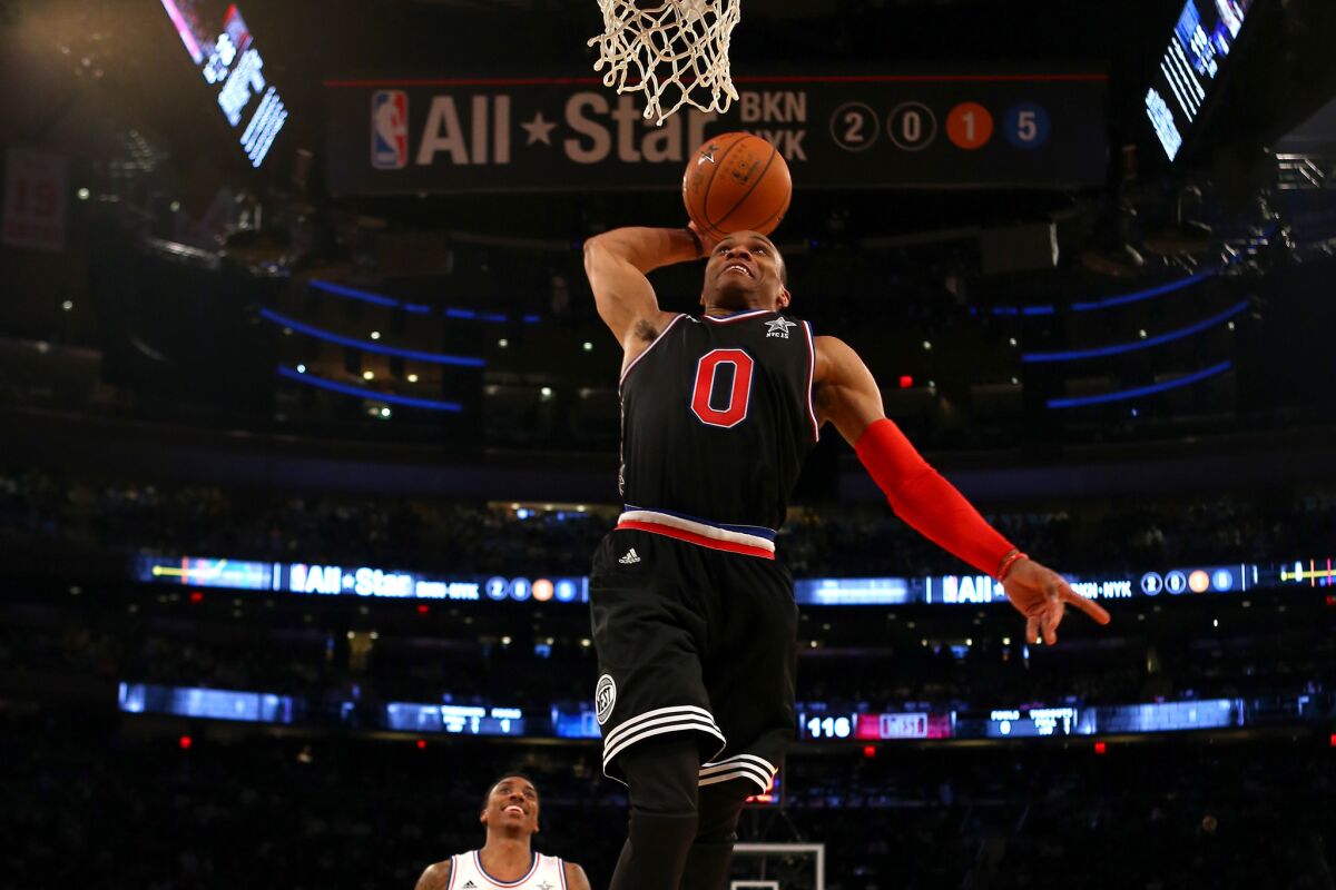 West guard Russell Westbrook of the Thunder elevates for a dunk in the second half of the NBA All-Star game Sunday at Madison Square Garden.