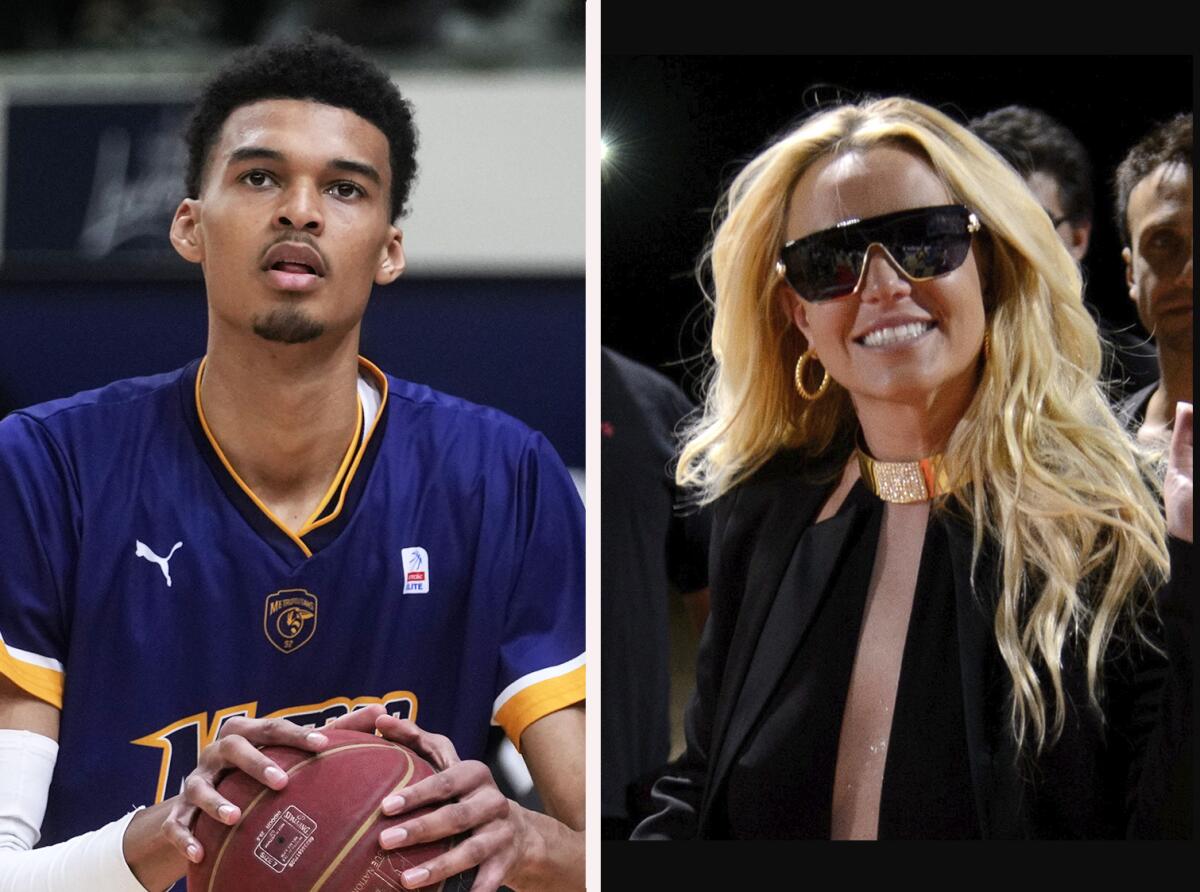 A collage showing basketball player Victor Wembanyama and singer Britney Spears