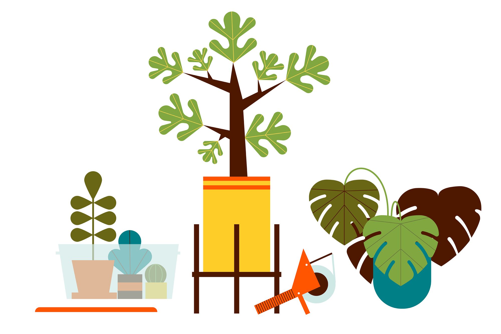 Illustration of plants being packed in bins and boxes.