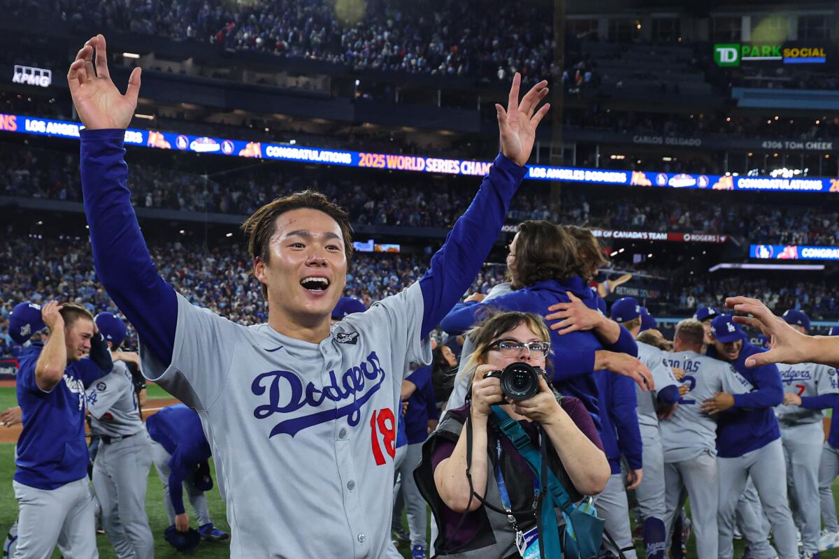 Yoshimobu Yamamoto celebrates after beating the Toronto Blue Jays to win the 2025 World Series at Rogers Centre.