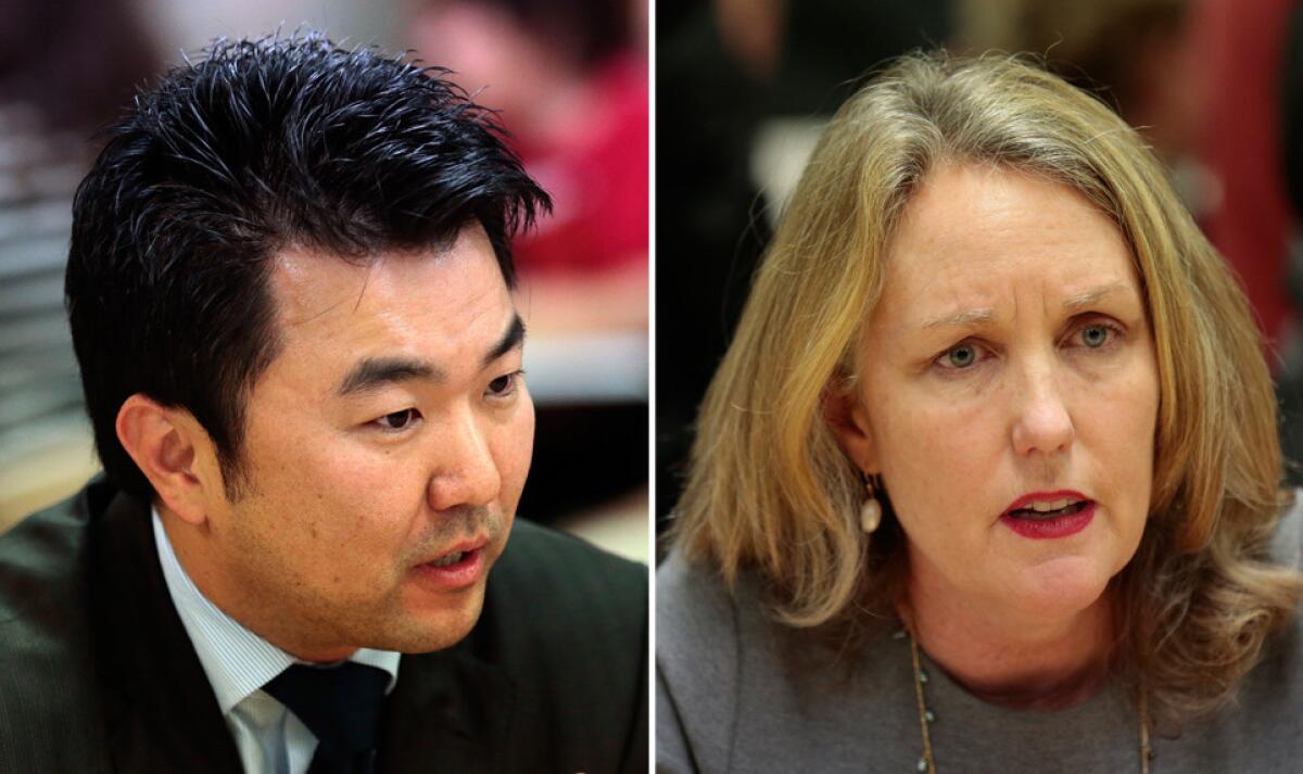 Los Angeles City Council candidates David Ryu, left, and Carolyn Ramsay, right.