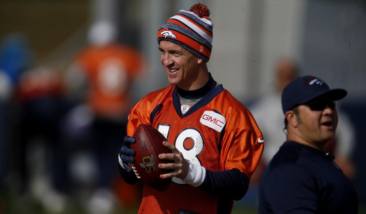 Denver Broncos quarterback Peyton Manning during practice at the team's headquarters on Saturday.