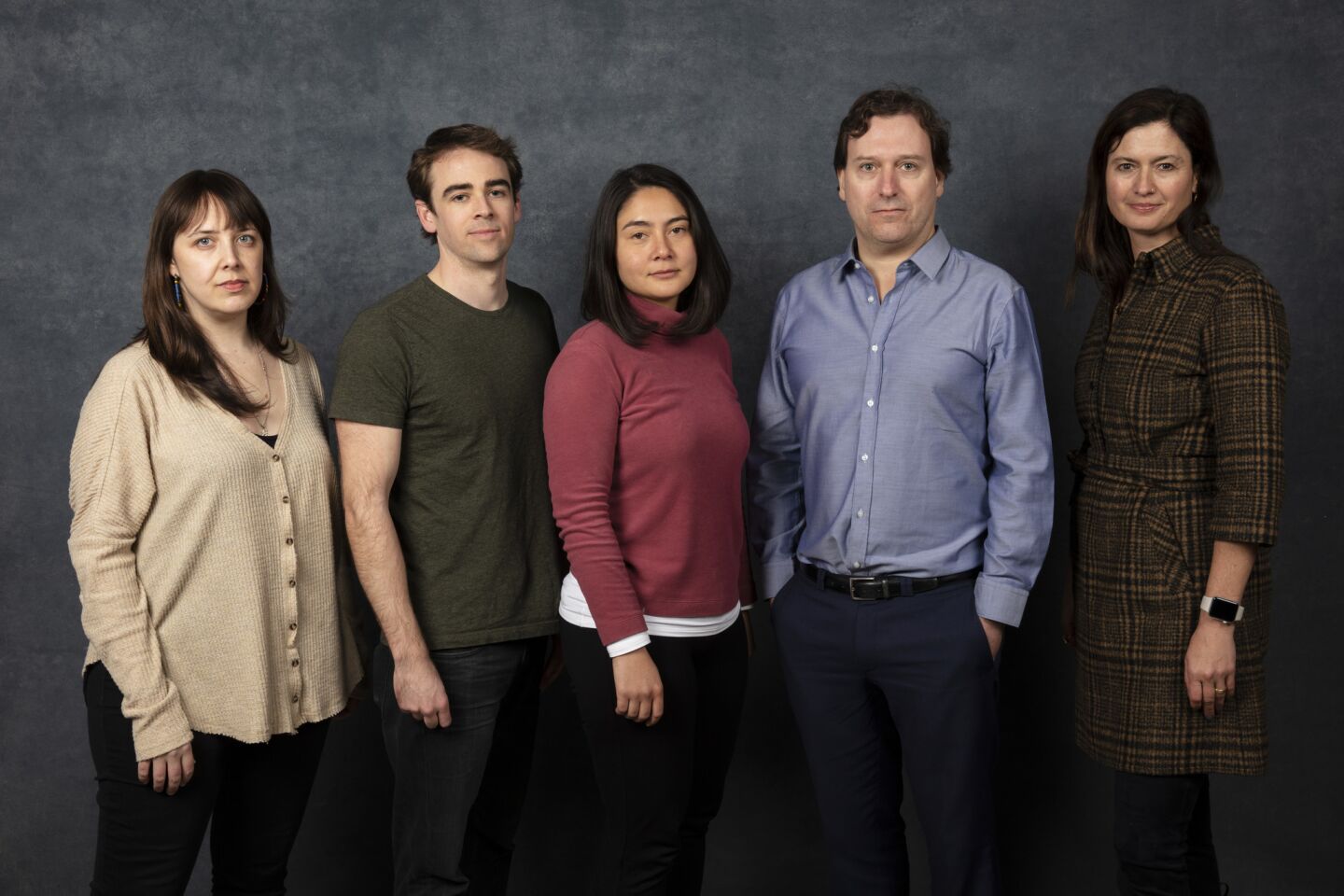 Producer Erin Edeiken, subjects Tyler Shultz, Erika Cheung and John Carreyrou, and producer Jessie Deeter from the documentary "The Inventor: Out for Blood in Silicon Valley."