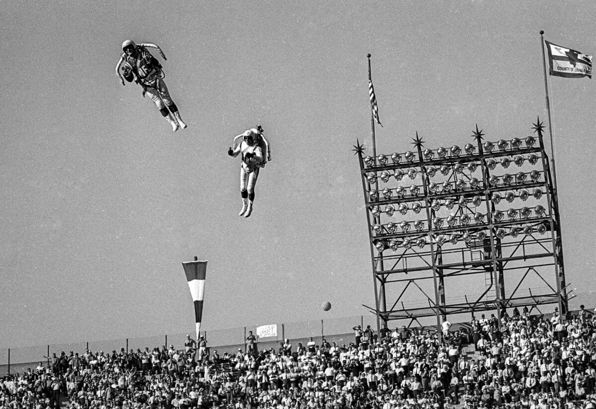 Jan. 15, 1967: The Bell Rocket Air Men perform as part of the halftime show at first Super Bowl game in Los Angeles.