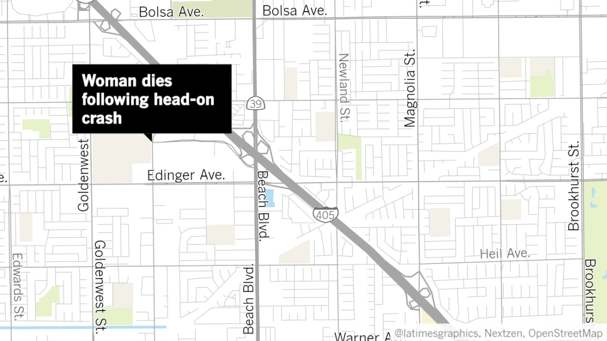 A 61-year-old Huntington Beach woman died following a head-on crash in the area of Gothard Street and Center Avenue on Wednesday night, according to authorities.