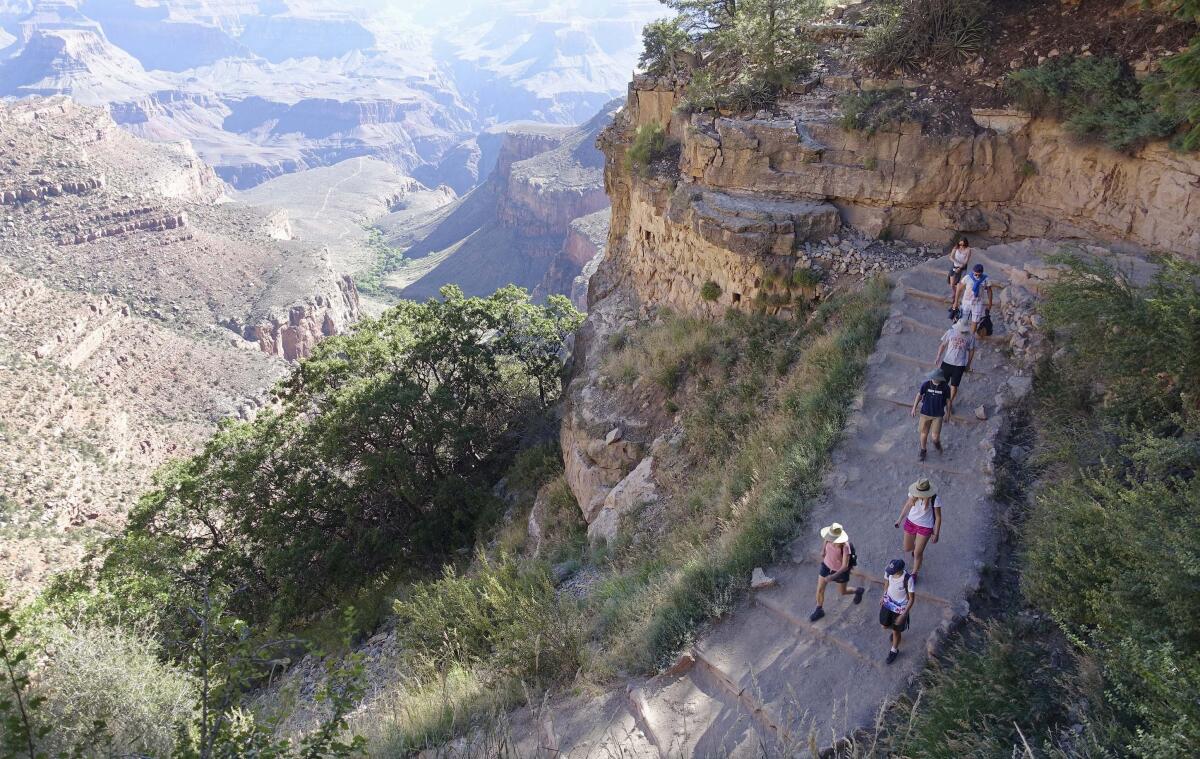 Seen from above, a group of hikers descend a trail with the Grand Canyon in the background