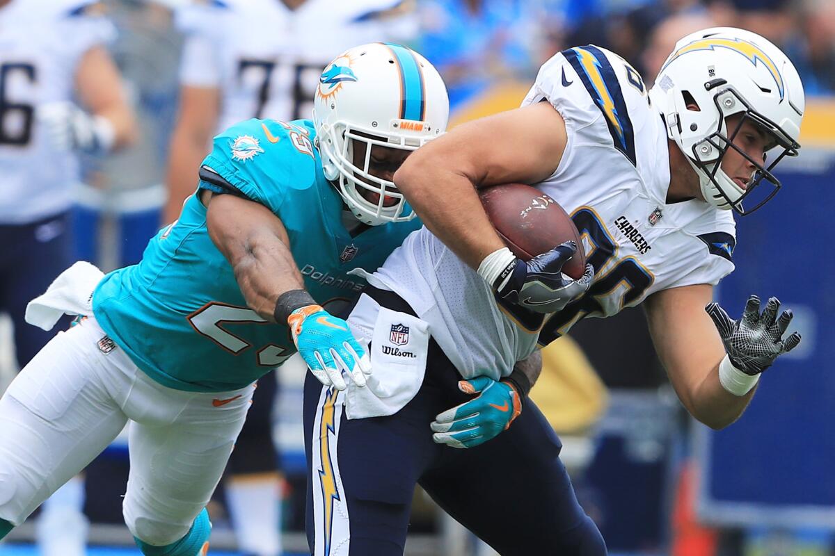 Chargers tight end Hunter Henry has 24 catches for 319 yards and two touchdowns this season.