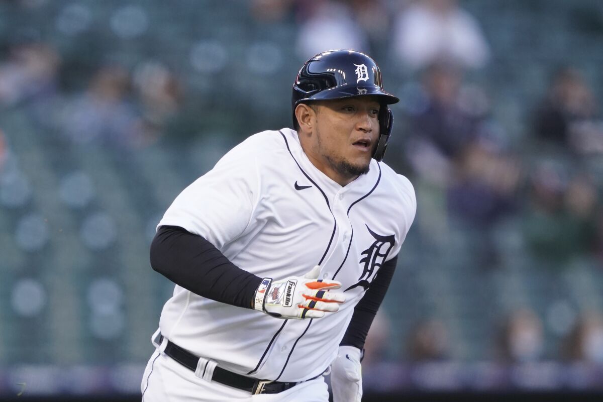 Detroit Tigers' Miguel Cabrera runs to first on a single during the third inning of a baseball game against the Kansas City Royals, Wednesday, May 12, 2021, in Detroit. The single was Cabrera's 2877th in career hits. (AP Photo/Carlos Osorio)