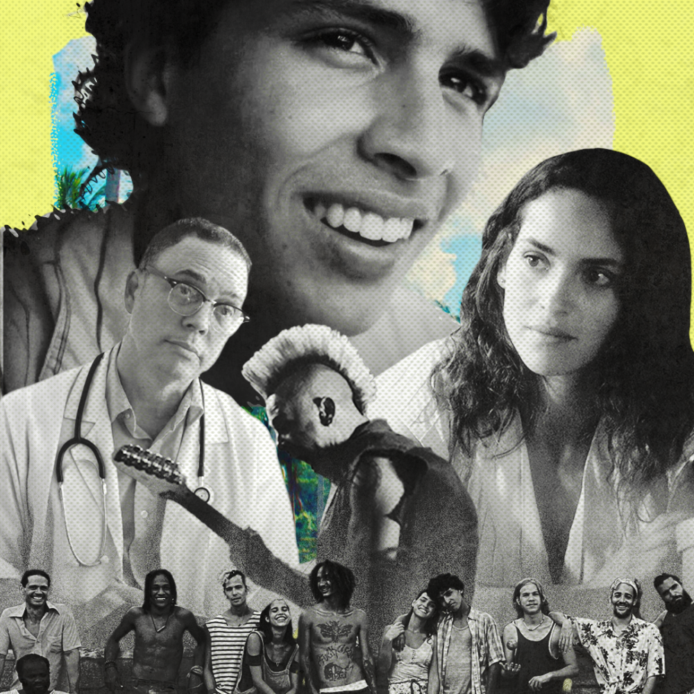 Photo collage of young men and women and a mohawked musician
