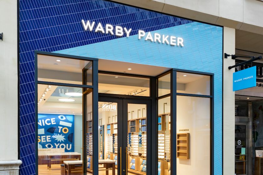 Storefront of the new Warby Parker store in Fashion Valley Mall.