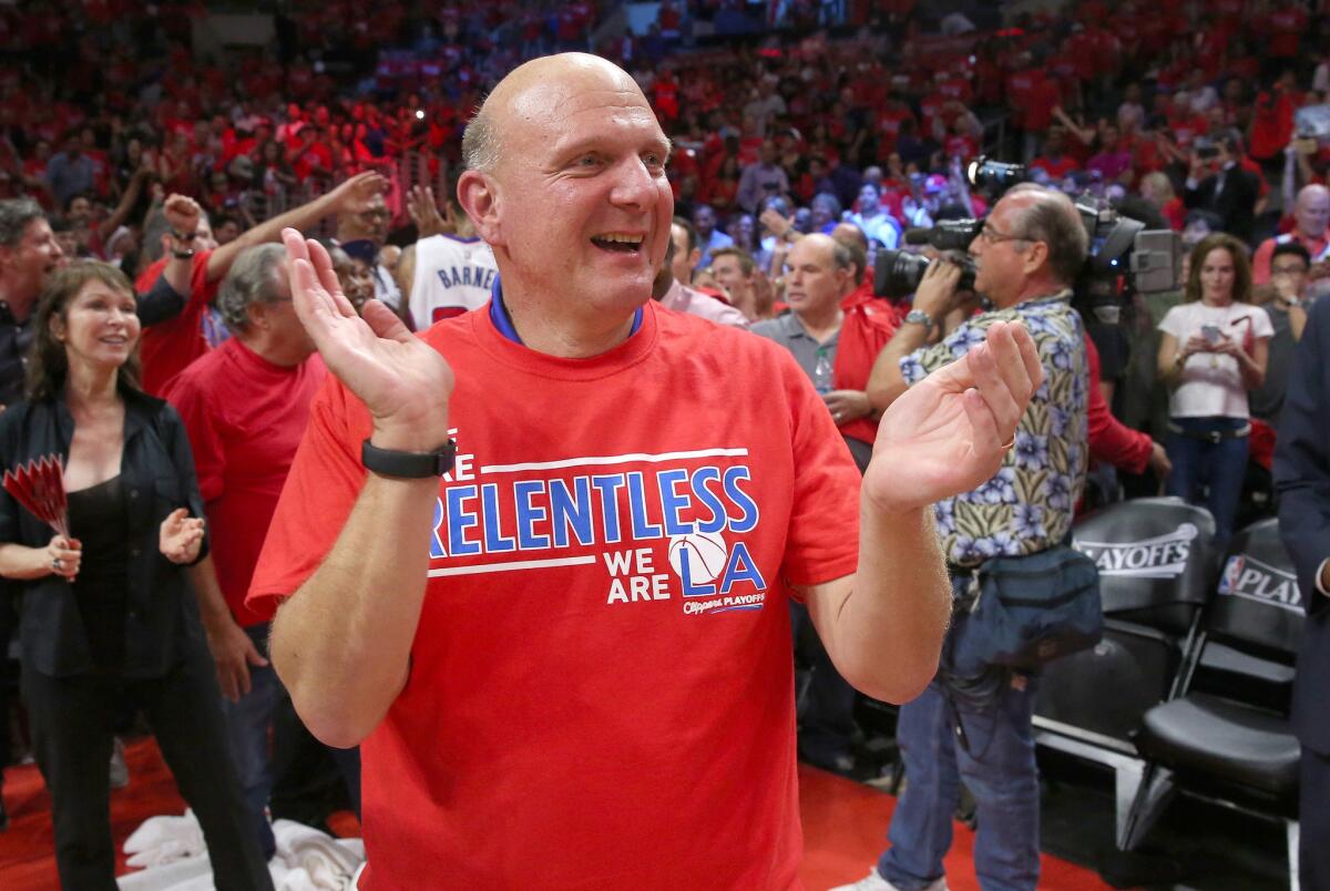 Clippers Owner Steve Ballmer celebrates after his team's victory over the San Antonio Spurs in Game 7 of the first round of the Western Conference playoffs on May 2.