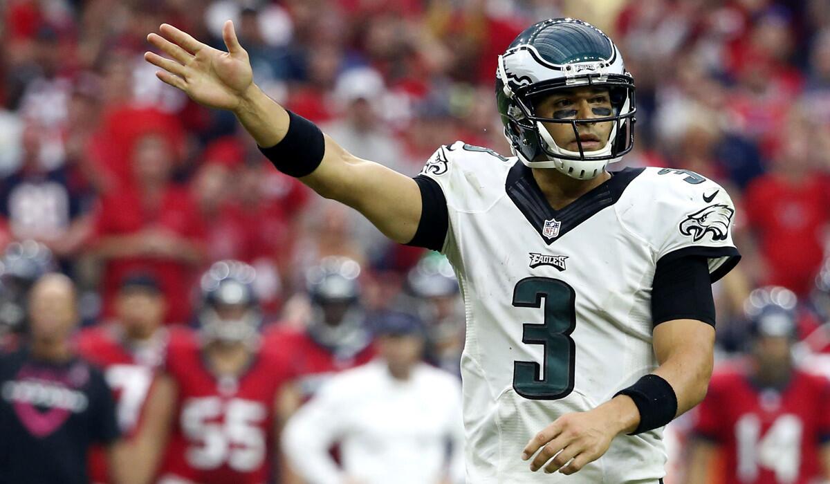 Philadelphia Eagles backup quarterback Mark Sanchez (3) signals to the sidelines during the fourth quarter of a game against the Houston Texans on Nov. 2.