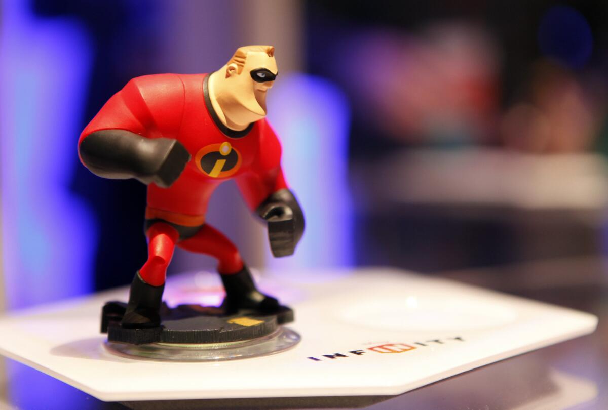 A Mr. Incredible action figure from the video game "Disney Infinity," which was developed by Disney Interactive.