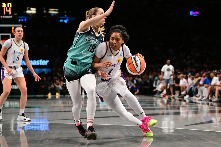 BROOKLYN, NY - JUNE 22: Zia Cooke #1 of the Los Angeles Sparks dribbles the ball during the game against the New York Liberty on June 22, 2024 in Brooklyn, New York. NOTE TO USER: User expressly acknowledges and agrees that, by downloading and or using this photograph, user is consenting to the terms and conditions of the Getty Images License Agreement. Mandatory Copyright Notice: Copyright 2024 NBAE (Photo by Mike Lawrence/NBAE via Getty Images)
