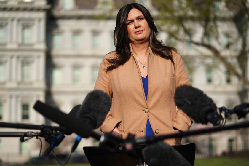 WASHINGTON, DC - APRIL 04: White House Press Secretary Sarah Huckabee Sanders talks to reporters after talking to FOX News outside the West Wing of the White House April 04, 2019 in Washington, DC. "Democrats continue to show day in and day out that they're nothing but sore losers," Sanders said. "I think they're a sad excuse for a political party." (Photo by Chip Somodevilla/Getty Images) ** OUTS - ELSENT, FPG, CM - OUTS * NM, PH, VA if sourced by CT, LA or MoD **