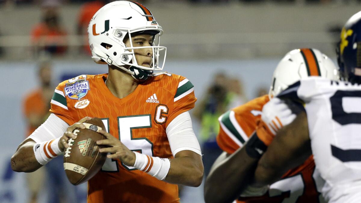 Miami quarterback Brad Kaaya (15) prepares to pass from the pocket against West Virginia in the Russell Athletic Bowl on Wednesday.