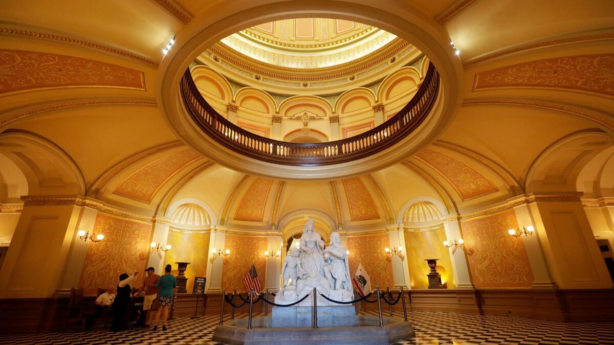 The rotunda at the state Capitol building in Sacramento. Legislative officials have released broad outlines of abuse and sexual harassment investigations since 2006 but are shielding more specific information from public view.