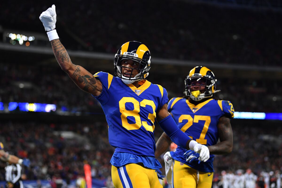 Rams receiver Josh Reynolds celebrates after scoring a touchdown against the Bengals on Oct. 27 at Wembley Stadium. 