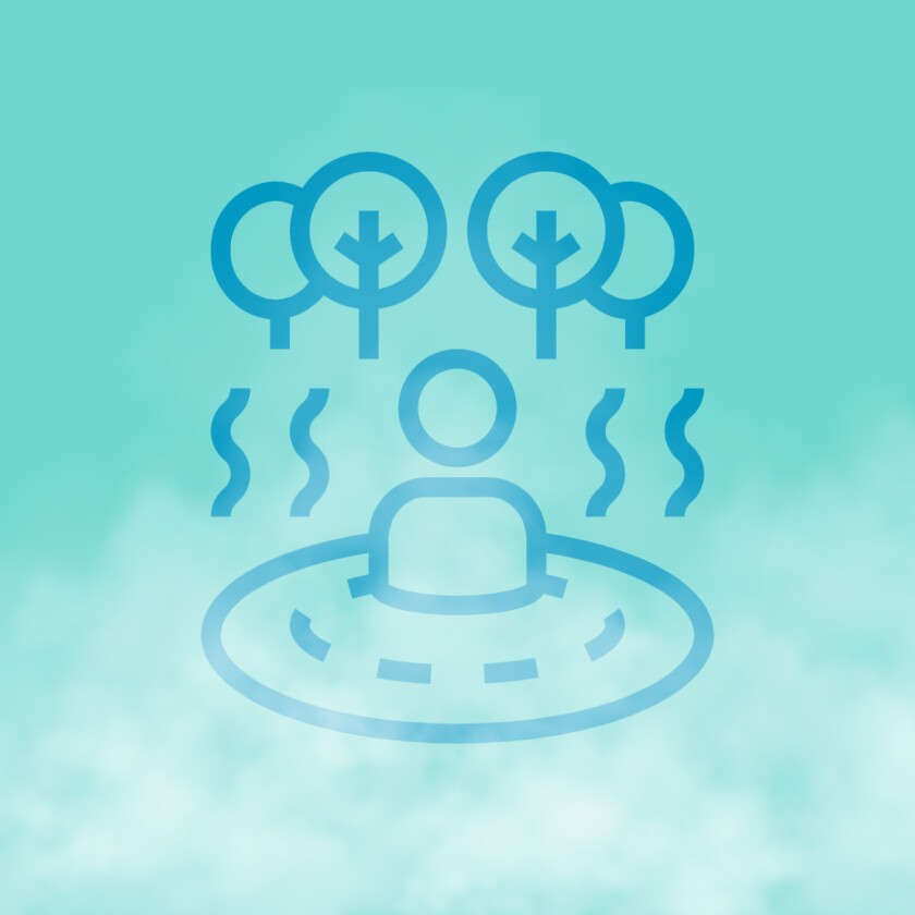 Pictogram of a person in a hot spring with fog arising.