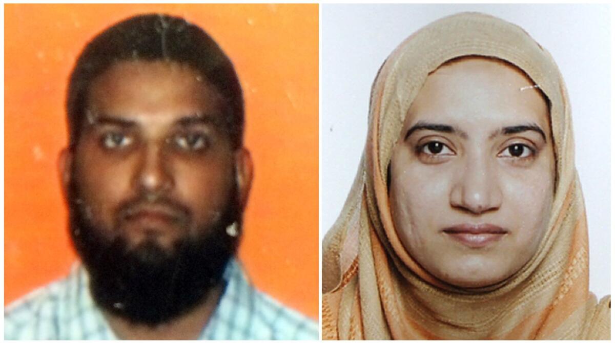 At left, Syed Farook in an undated student ID card photo from California State University, Fullerton. At right, an undated handout photo of Tashfeen Malik.