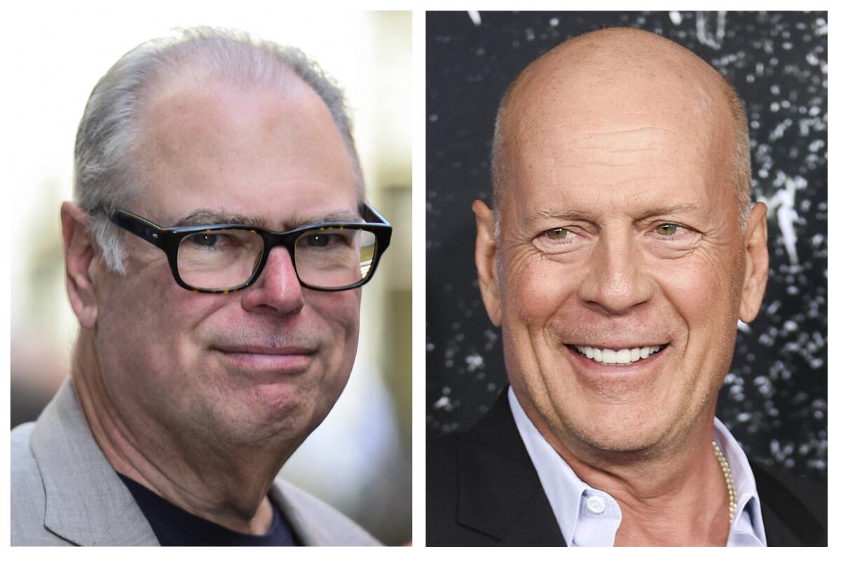 Separate photos showing headshots of Glenn Gordon Caron in glasses on the left and a bald Bruce Willis on the right