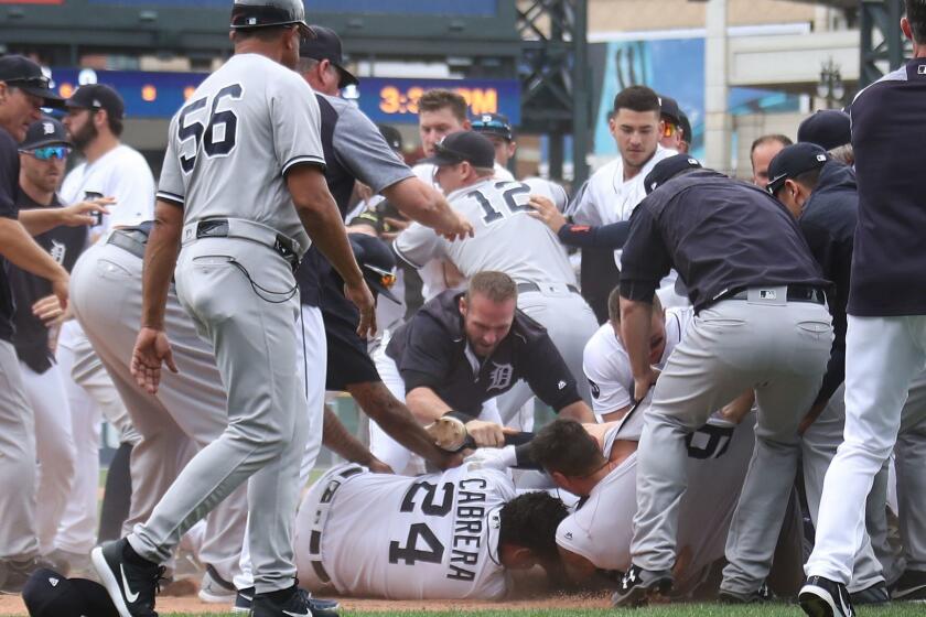 DETROIT, MI - AUGUST 24: Miguel Cabrera #24 of the Detroit Tigers lays on the ground during a bench clearing fight with the New York Yankees at Comerica Park on August 24, 2017 in Detroit, Michigan. (Photo by Gregory Shamus/Getty Images) *** BESTPIX *** ** OUTS - ELSENT, FPG, CM - OUTS * NM, PH, VA if sourced by CT, LA or MoD **