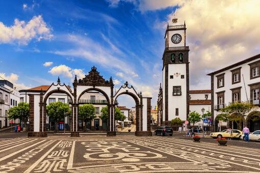 A photo of Portas da Cidade, the city symbol of Ponta Delgada in Sao Miguel Island in Azores, Portugal.