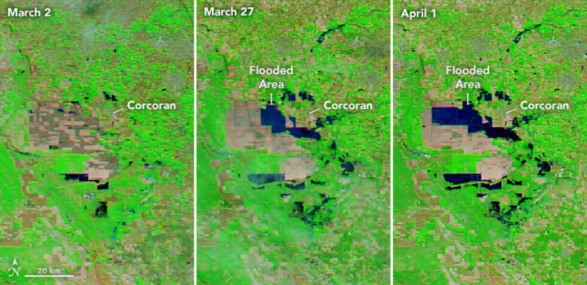 Three side-by-side satellite photos from March 2, March 27 and April 1 show a wide flooded area expanding west of Corcoran