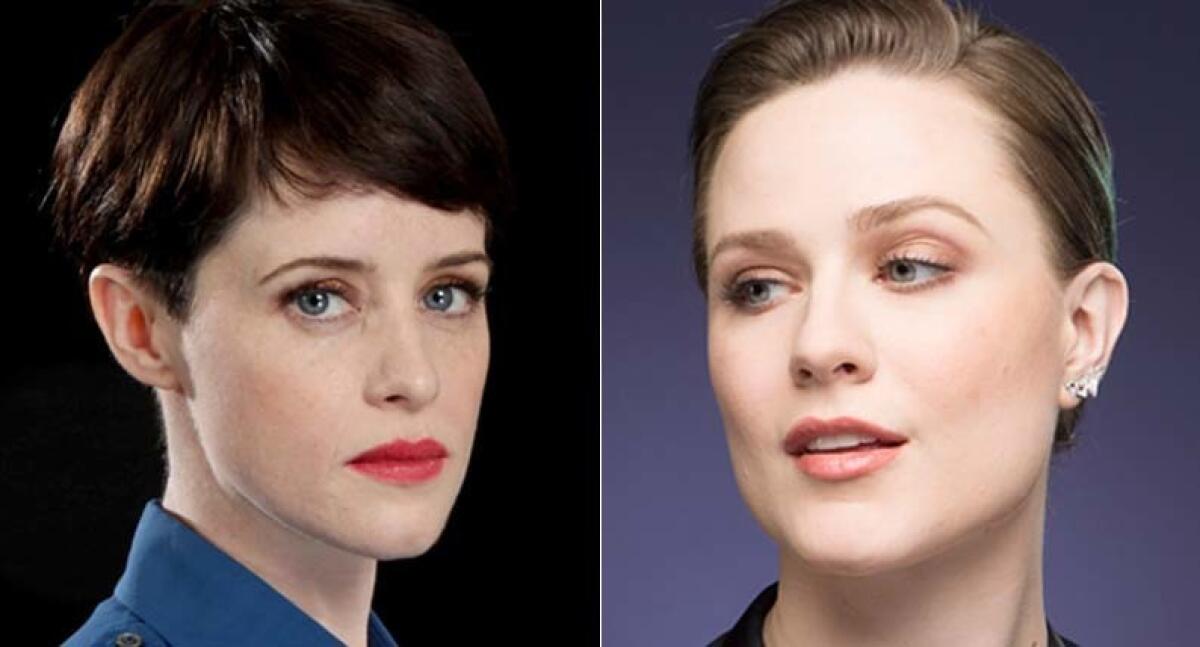 Claire Foy of Netflix's "The Crown," left, and Evan Rachel Wood of HBO's "Westworld" are up for actress in a drama at the Emmys on Monday.