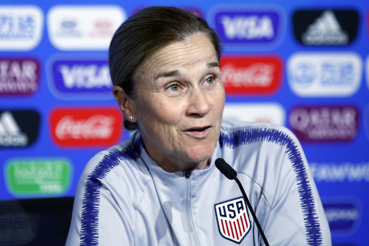 FILE - United States coach Jill Ellis attends a press conference at the Stade de Lyon, outside Lyon, France, in this Saturday, July 6, 2019, file photo. Former U.S. women's national team coach Jill Ellis is now leading a group that is exploring a biennial Women's World Cup as a way to grow the game, but insists the controversial plan isn't a foregone conclusion. (AP Photo/Francois Mori, File)
