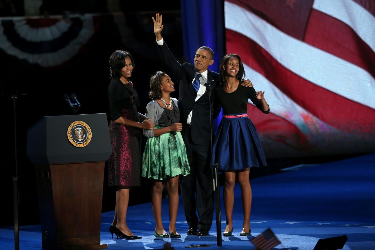 The Obama family — Michelle, Sasha, Barack and Malia — on the night of his reelection as president in 2012.
