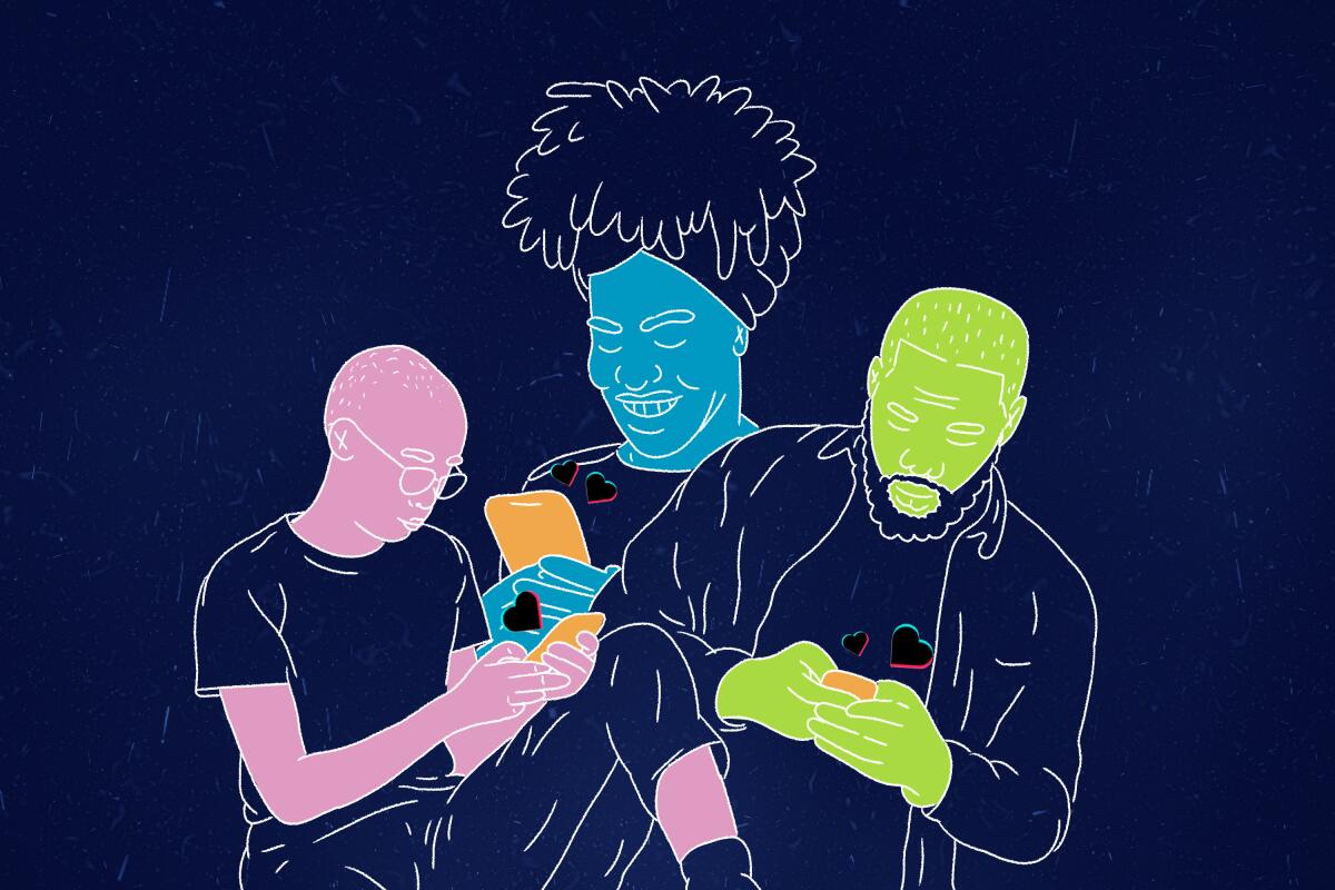 Three illustrated figures, all typing on or looking at their cellphones