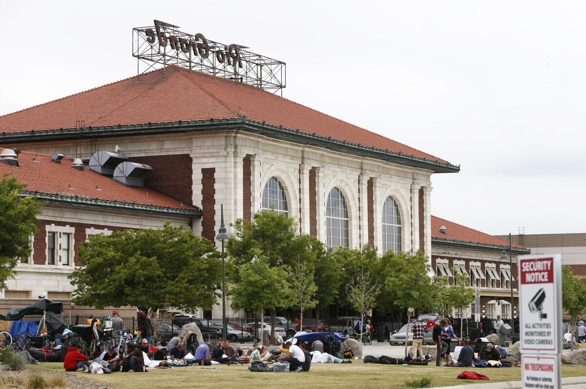 People camp behind the historic Rio Grande Train Station in Salt Lake City in 2017.