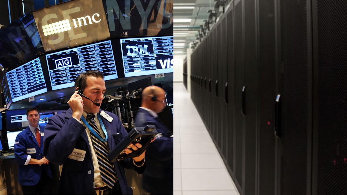 The real face of the New York Stock Exchange: Is it this floor trader, left, or this bank of computers in New Jersey, right?