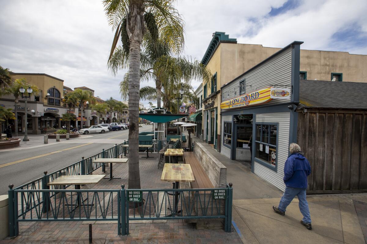 There's plenty of seating but restaurants in downtown Huntington Beach are closed on March 18.