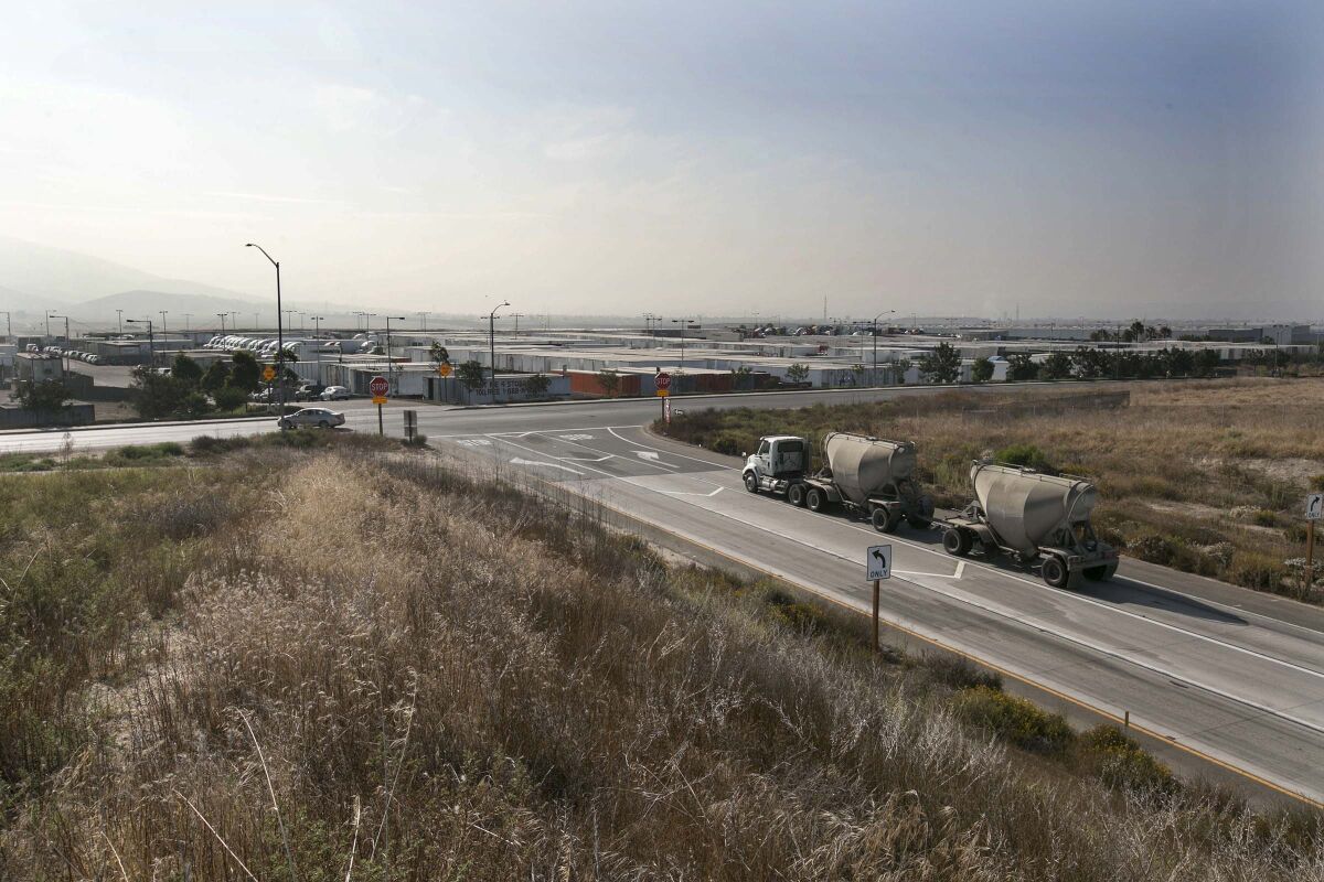 This is where the SR-11 dead-ends in to Enrico Fermi Drive in Otay Mesa in the San Diego-Tijuana region. Caltrans and SANDAG will break ground on Wednesday for the final section of state Route 11 that will connect the future Otay Mesa East Port of Entry to SR-905 and SR-125.