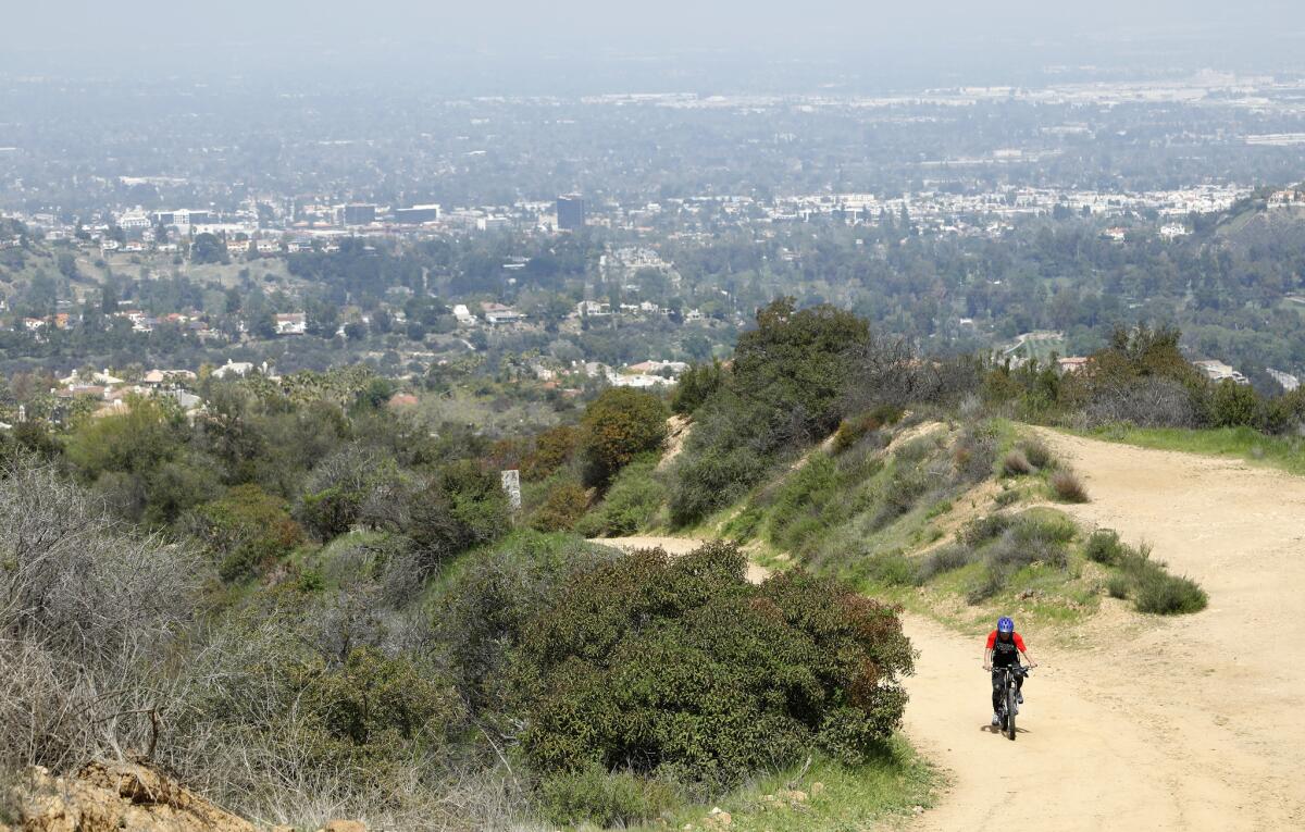 A bicyclist climbs Reseda Boulevard where it meets Mulholland Drive near Marvin Braude Mulholland Gateway Park in the Santa Monica Mountains. (
