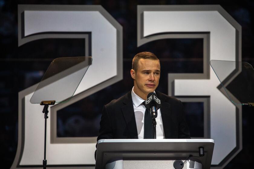 LOS ANGELES, CA - FEBRUARY 11, 2023: LA Kings retires Dustin Brown's No. 23 at Crypto.com Arena Saturday, February 11, 2023, in Los Angeles, CA. Brown is the seventh Kings player to receive the honor of having his number (23) retired. Dustin Brown is the franchise's all-time games-played leader and the first player in team history to lift the Stanley Cup. (Francine Orr/ Los Angeles Times)