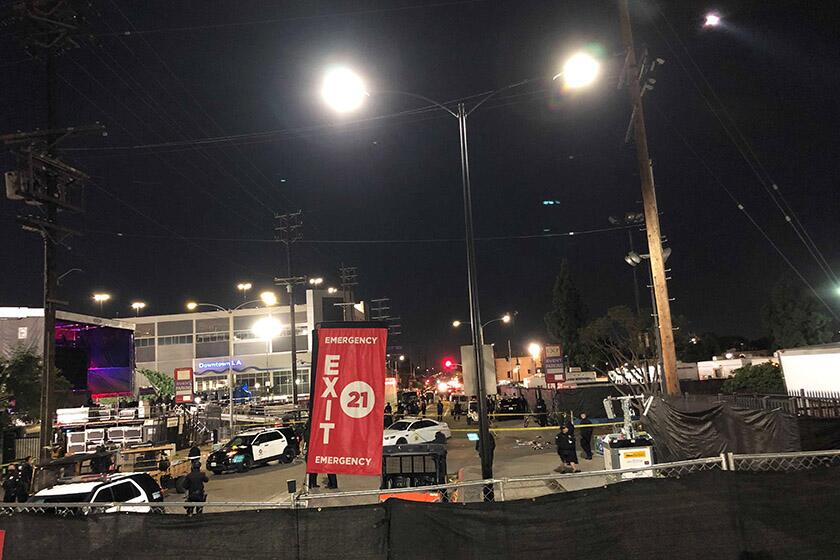 Police outside the backstage area at the Banc of California Stadium on Saturday.