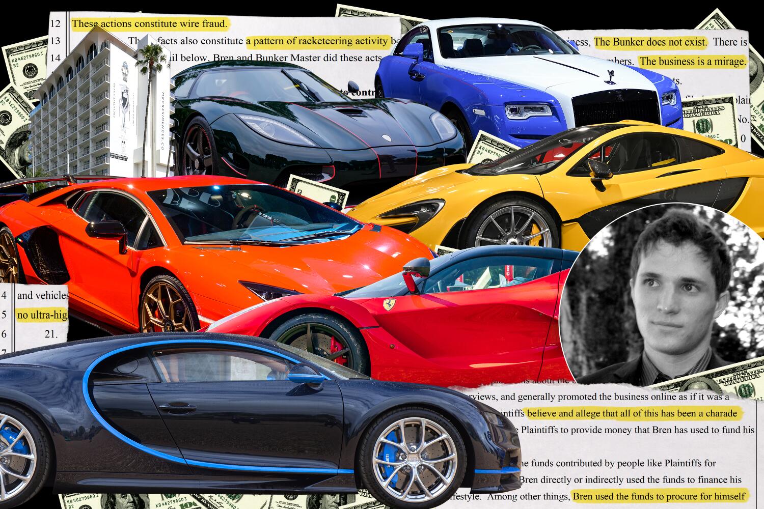 Collage illustration of several supercars interspersed with court documents, a photo of a hotel, and a photo of a young man.