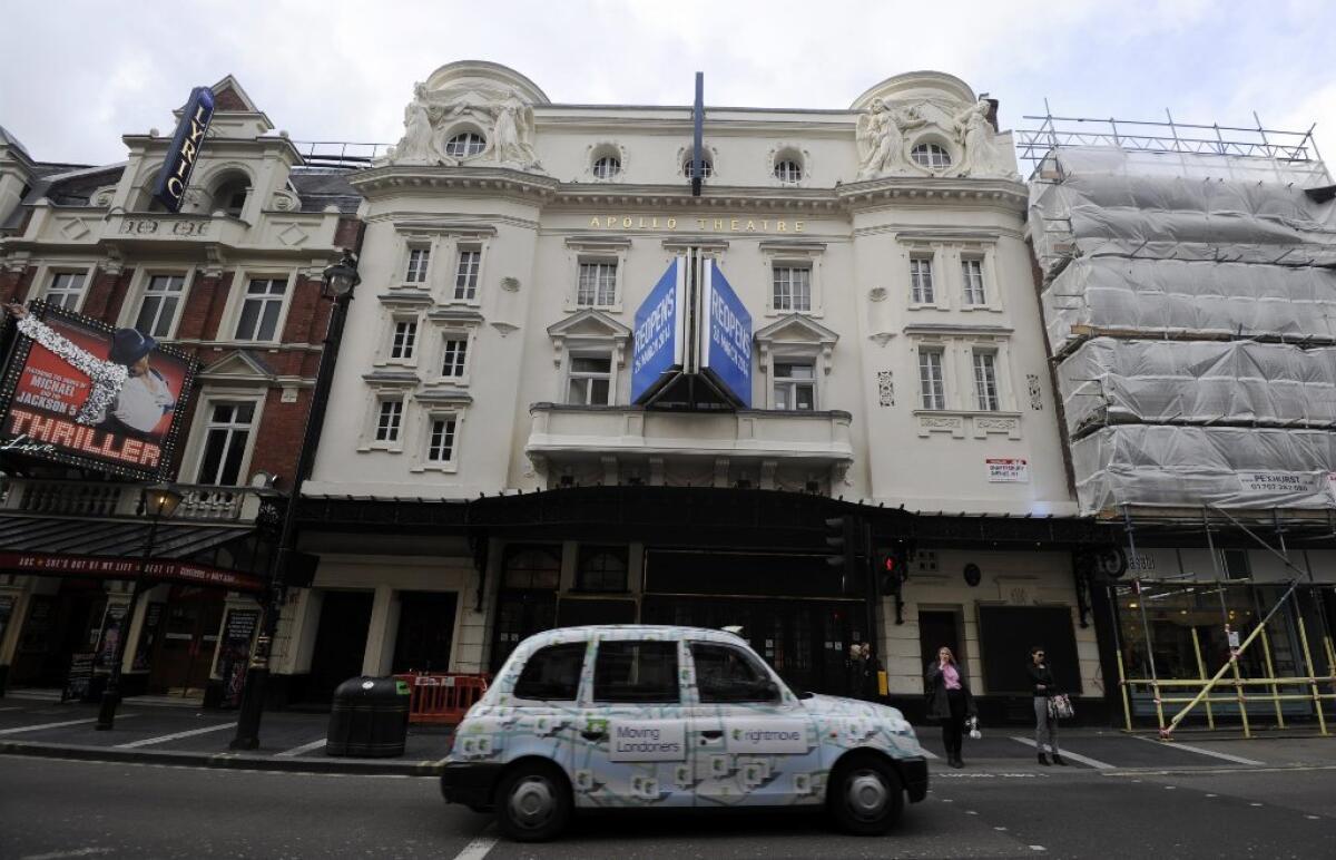 An exterior view of London's Apollo Theatre, where part of the ceiling collapsed in December during a show.