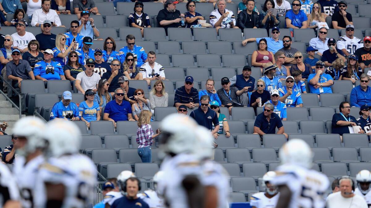 A general view of empty seats during the first half of a game between the Los Angeles Chargers and the Miami Dolphins at StubHub Center on September 17, 2017 in Carson, California.