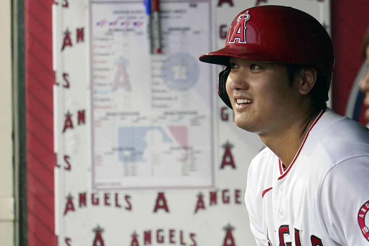 The Angels' Shohei Ohtani prepares for his first at-bat against the Astros Tuesday